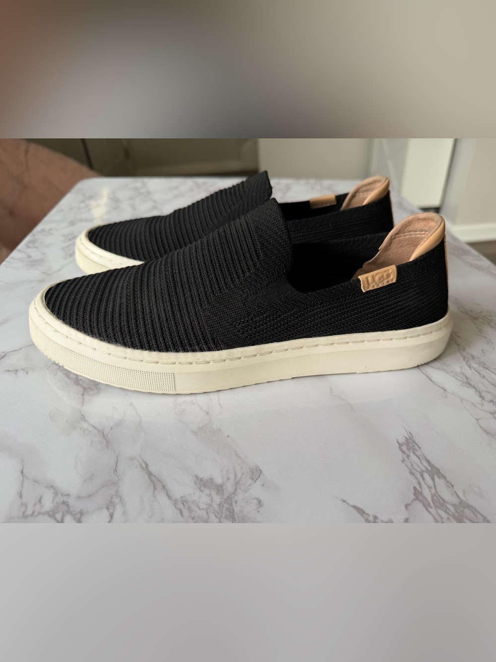 UGG Women’s 9.5 Black Knit Slip-On Loafers with Cream Sole Comfortable